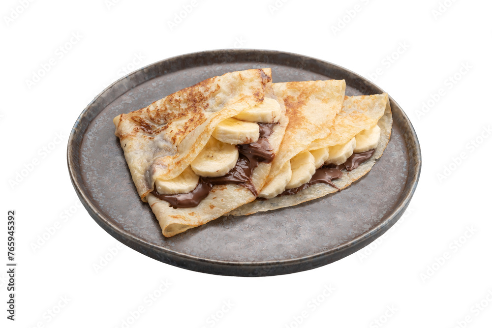 pancakes with banana and chocolate in a plate, cut out background