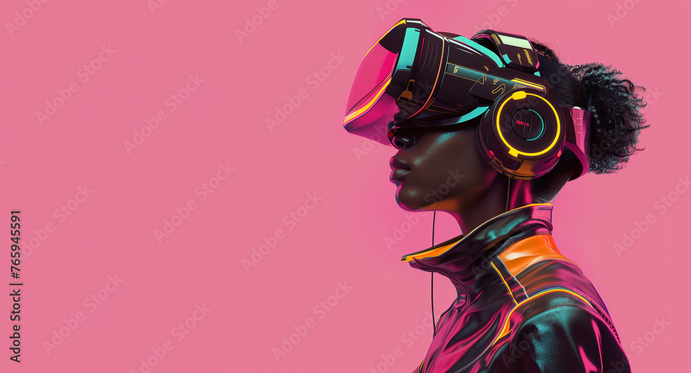 Futuristic african american woman with vr headset on pink background: side profile of a stylish black woman wearing a virtual reality headset against a vibrant pink backdrop with blank copy space Futuristic african american woman with vr headset on pink background: side profile of a stylish black woman wearing a virtual reality headset against a vibrant pink backdrop with blank copy space