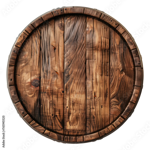 Wine barrel, top view. Old wooden barrel for storing wine close-up, isolated on a white or transparent background. Graphic design element on the theme of wine production.
