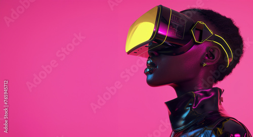 Futuristic black woman with vr headset on pink background: afro woman wearing a vibrant vr headset against a vivid pink backdrop with blank copy space