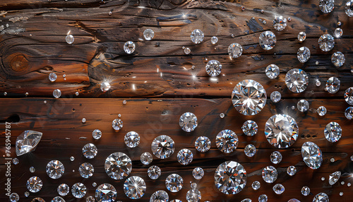 many diamonds on wooden table background