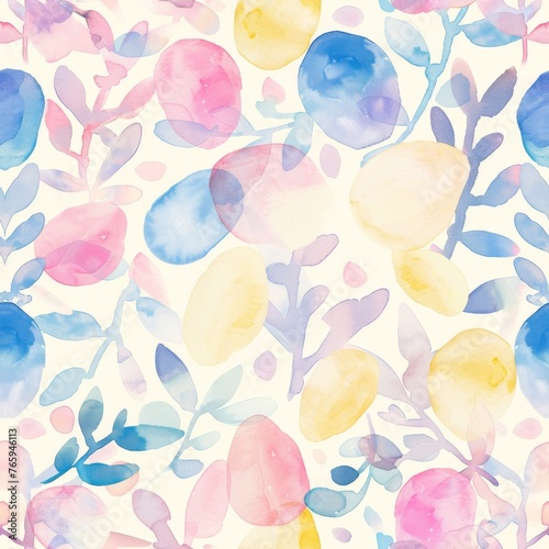 Watercolor Easter eggs and foliage pattern. Pastel colored springtime watercolor art. Abstract Easter egg and leaf design in soft hues for fabric and textile