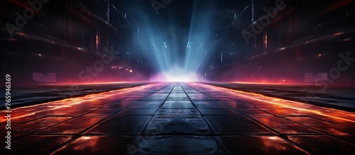 Futuristic sci-fi corridor with glowing neon lights