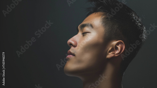 Asian Man in Profile: Portrait of Male Beauty, Capturing the Graceful Contours and Distinctive Features of a Handsome Asian Gentleman in Thoughtful Repose.