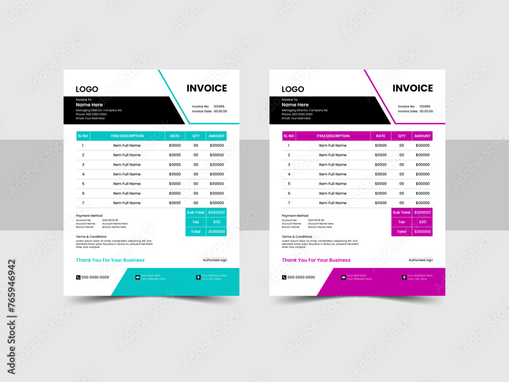 Invoice minimal design template. Bill form business invoice accounting. Modern and creative design. Two color invoice template and vector illustration.