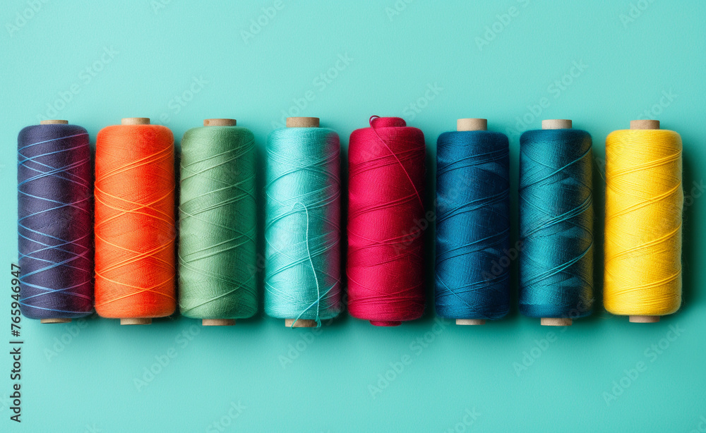 Eight colorful spools of thread lined up against a turquoise background, highlighting a variety of vibrant hues. Eight colorful spools of thread lined up against a turquoise background, highlighting a variety of vibrant hues.