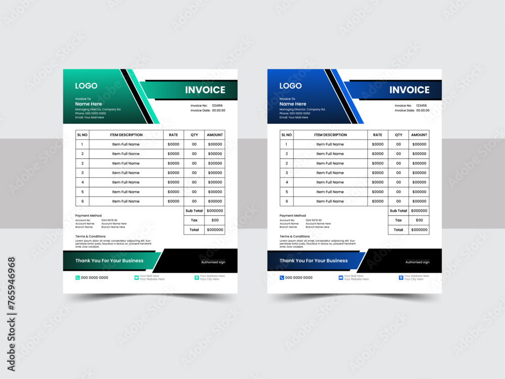 Corporate Invoice template design minimal  payment agreement form money accounting tax page. clean invoice, simple invoice document. With color variation Vector illustration.