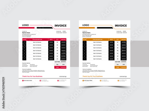 Invoice minimal design template. Bill form business invoice accounting. Modern and creative design. Two color invoice template and vector illustration.