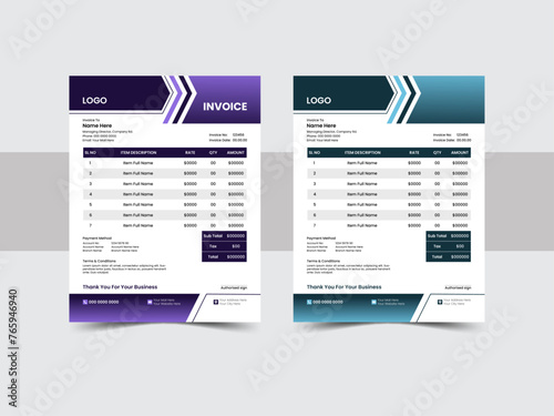 Abstract modern colorful business invoice template. color variation creative invoice template Paper Sheet Include Accounting, Price, Tax, and Quantity. With color variation Vector illustration.