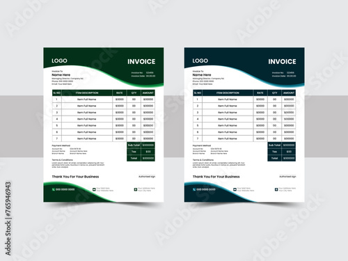 Abstract modern colorful business invoice template. color variation creative invoice template Paper Sheet Include Accounting, Price, Tax, and Quantity. With color variation Vector illustration.