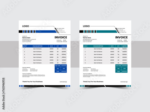 Corporate Invoice template design minimal payment agreement form money accounting tax page. clean invoice, simple invoice document. With color variation Vector illustration.