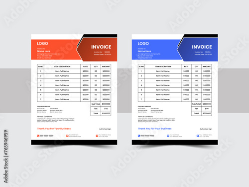Corporate Invoice template design minimal  payment agreement form money accounting tax page. clean invoice, simple invoice document. With color variation Vector illustration.