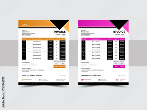 Corporate Invoice template design minimal  payment agreement form money accounting tax page. clean invoice, simple invoice document. With color variation Vector illustration.