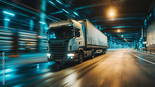 Logistic cargo truck, driving through a well-lit tunnel, for transportation shipping, motion blur lights, modern transportation