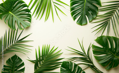 An arrangement of various green tropical leaves on a light beige background  creating a natural and fresh look.  