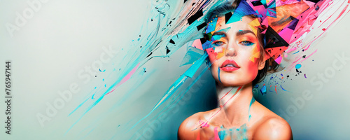 Portrait of a beautiful young woman with creative make-up and abstract painting.