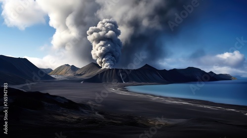 A roiling cloud of black smoke rises from the volcanic crater