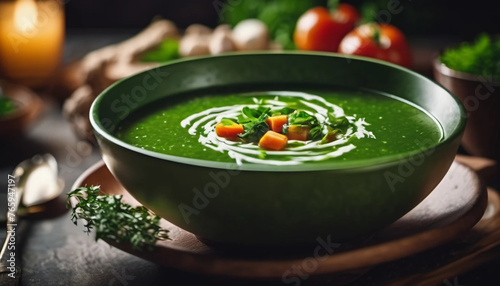 Portuguese caldo verde soup in a bowl. Close up.  photo