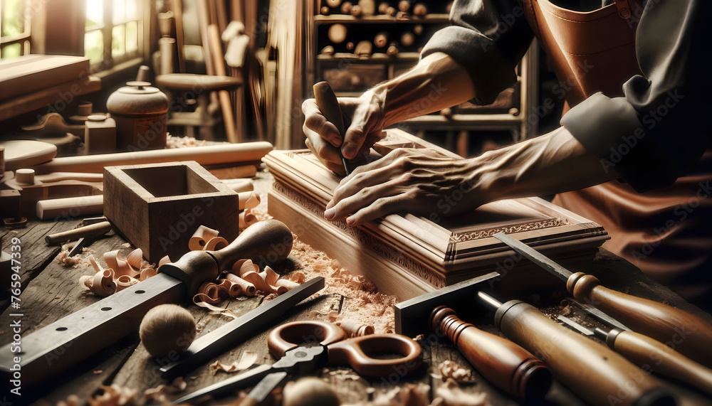 Woodworker's hands as they meticulously work on a piece of furniture. - obrazy, fototapety, plakaty 
