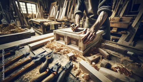 Woodworker's hands as they meticulously work on a piece of furniture. © mitarart