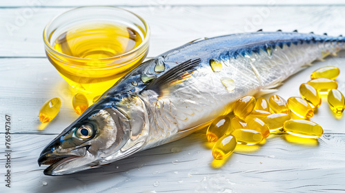 A mackerel fish with yellow soft gels and a bowl of fish oil fish on a white wooden table, natural source and supplement