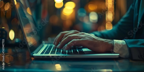 A businessman types on a laptop in a busy office focused on maximizing sales and profits. Concept Business Success, Office Environment, Working on Laptop, Sales Strategies, Profit Maximization