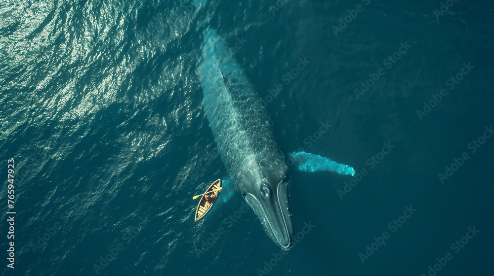 Fototapeta premium Intrepid Adventure: Lone Man in a Small Canoe Adrift in Vast Open Seas, As a Majestic Whale Glides Beneath Him, Conjuring a Surreal Encounter with Nature's Grandeur.
