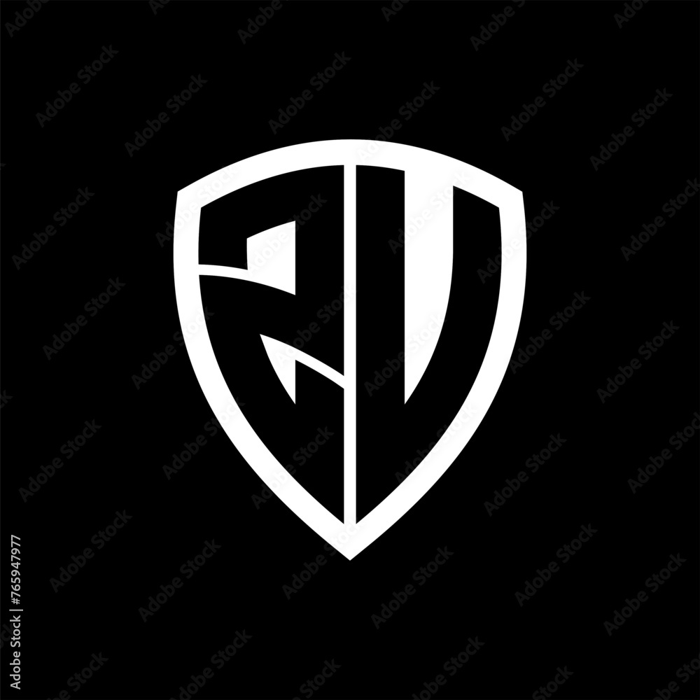 ZU monogram logo with bold letters shield shape with black and white color design ZU monogram logo with bold letters shield shape with black and white color design