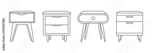Bedside tables outline icon set. Illustration of nightstands and chest of drawers furniture in linear style for bedroom home interior. Line art vector illustration isolated on a white background.