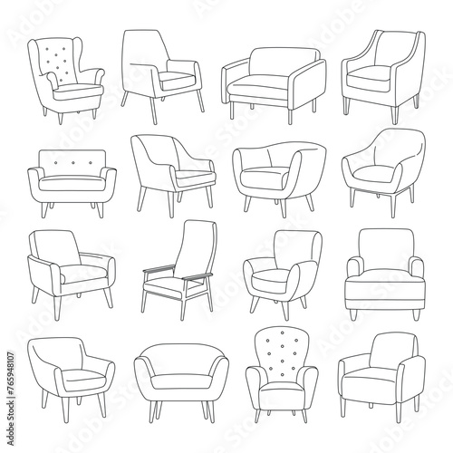 Armchair outline icon set. Linear chairs collection. Trendy Line art illustration of soft furniture. Scandinavian armchairs sketches. Vector illustration isolated on white background.