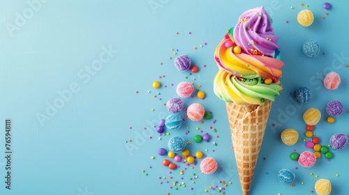 Colorful ice cream cone with sprinkles and candy on blue background photo