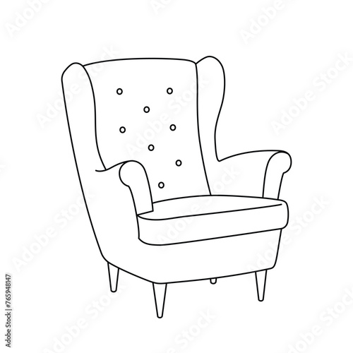 Armchair outline icon. Chair line illustration. Linear illustration of trendy soft furniture. Vector armchair sketch isolated on white background.