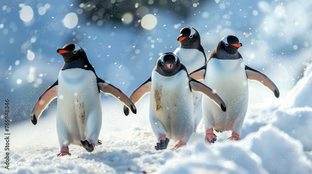Obraz premium Charming Waddle: Group of Penguins Gracefully Waddling Along a Snowy Shoreline, Evoking Scenes of Playful Harmony and Arctic Wonder.