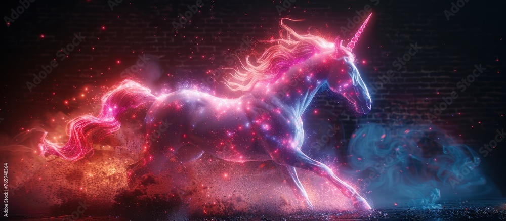 a Unicorn made of neon lamps on a background