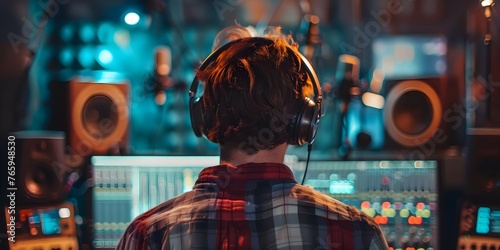 Musician recording in a studio with a sound engineer wearing headphones. Concept Music Production, Recording Studio, Sound Engineering, Music Technology, Audio Equipment photo