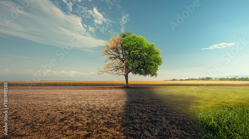 Contrasting Landscape: Tree Thriving in the Center of a Dry versus Green Field, Symbolizing the Stark Contrast between Lush Growth and Barren Desolation.
