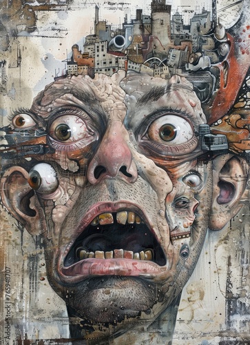 painting depicting a mans face with an unsettling number of eyes scattered across his face
