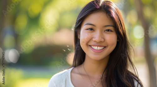 Radiant Asian Woman: Happy and Smiling Portrait of a Young Asian Lady, Exuding Joy and Positivity in a Vibrant Cultural Representation.