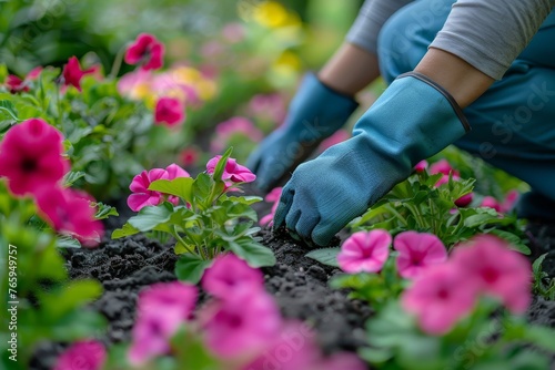 Grace in the Garden: Blue Gloved Hands Tending Hot Pink Petunias This inspiring image shows a gardener's blue gloved hands delicately tending bright pink petunias. The emphasis on hands among the