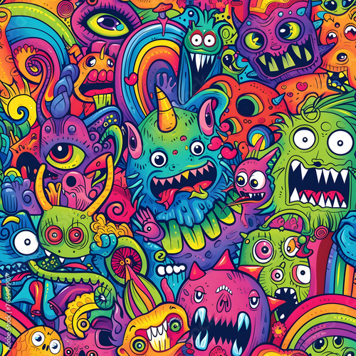 Kawaii doodle smiling monsters seamless pattern for child prints, designs and coloring books. Food, animals, robots, flowers. AI Generative.