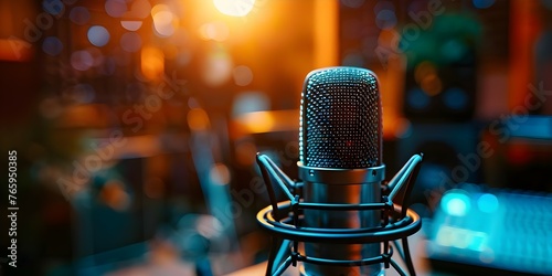 Recording Studio Setup with a Professional Podcast Microphone. Concept Podcast Studio Essentials, Pro Microphone Guide, Recording Setup Tips, Sound Quality Improvement photo