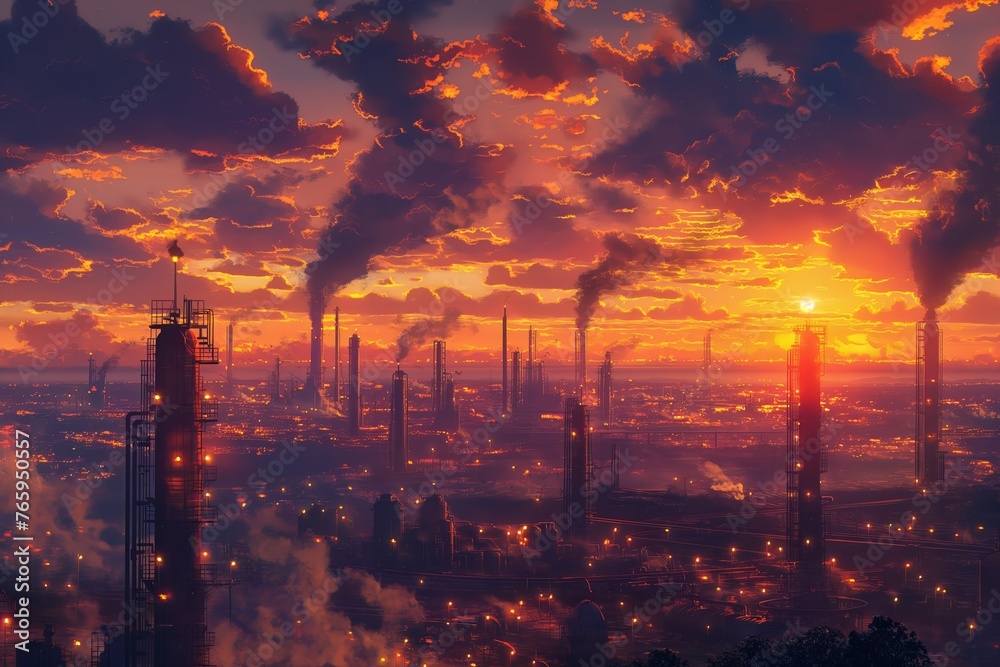 A factory skyline with a sunset in the background