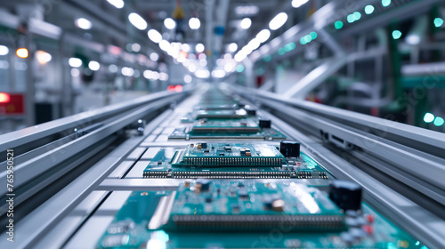 Circuit board with advanced microchip on assembly line. Electronics manufacturing facility or factory. Electronic devices production industry. Fully automated assembly line