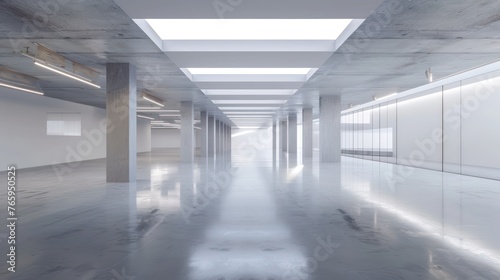 3D rendering empty room of modern showroom with empty floor for car park background. AI generated