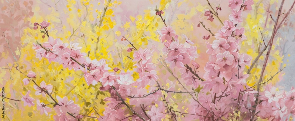 Pastel Pink Cherry Blossoms and Yellow Forsythias in Full Bloom. Floral frame. Spring banner. Pastel Pink Cherry Blossoms and Yellow Forsythias in Full Bloom. Floral frame. Spring banner.