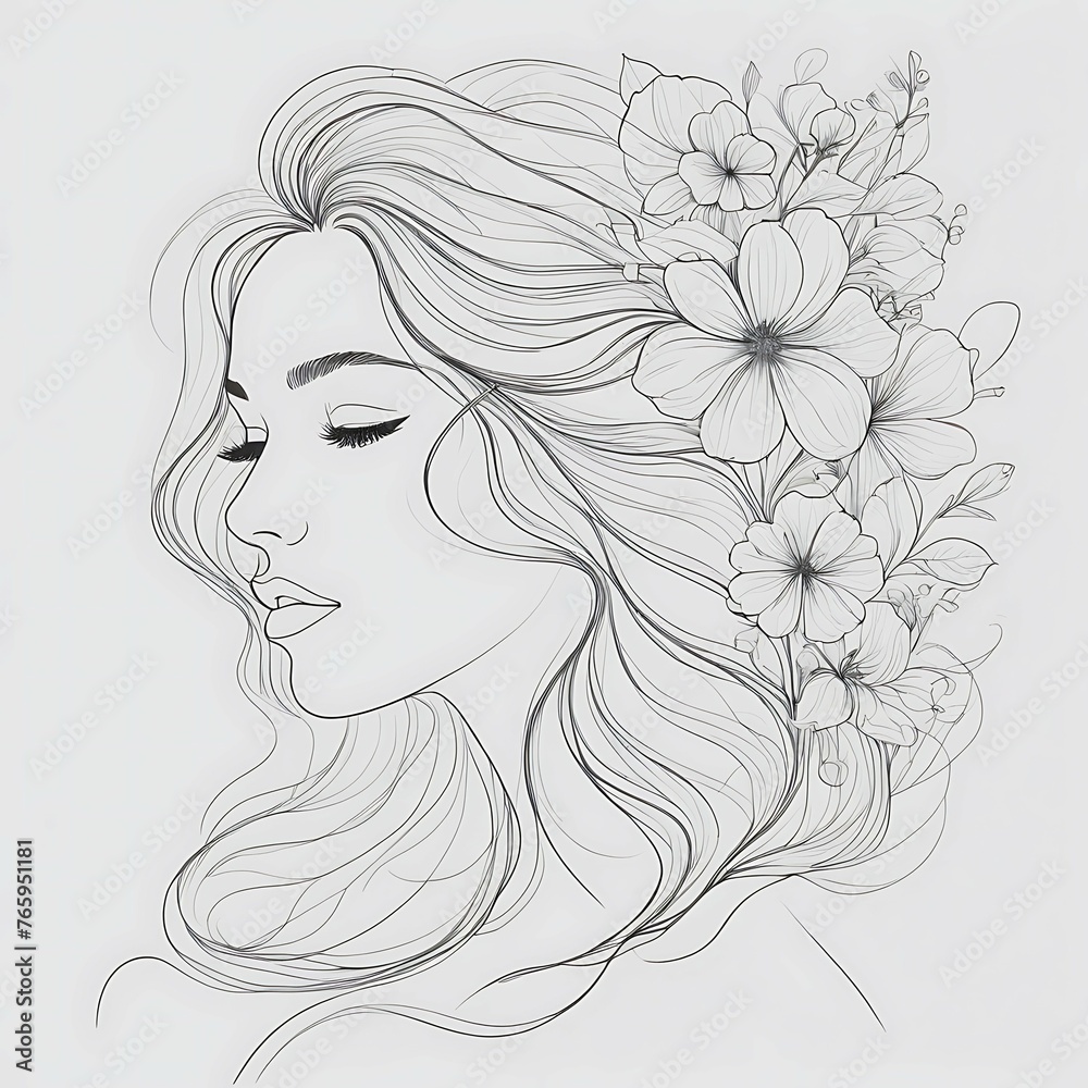 Abstract female face in one line. Woman face with flowers Surreal Line art female floral girl. Minimalism Abstract modern Continuous single line woman face portrait
