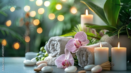A serene spa still life with aromatic candles, an orchid flower, and a towel, encapsulating the peaceful essence of spa environments
