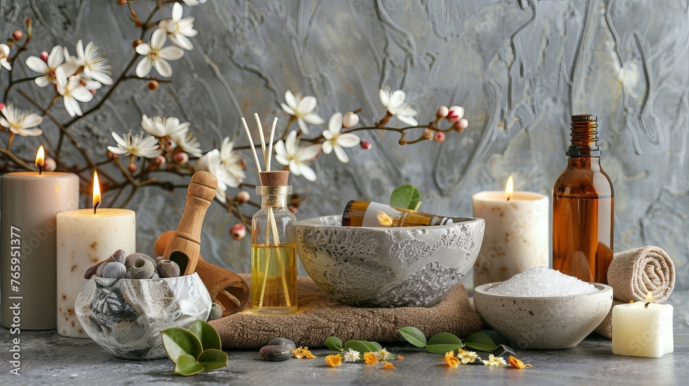 A spa composition featuring aroma oil set against a grey table backdrop, contributing to the overall ambiance of relaxation and tranquility