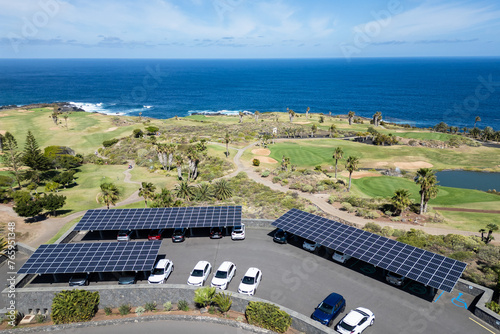 Carports with photovoltaic panels on the roof, Atlantic coast in Tenerife