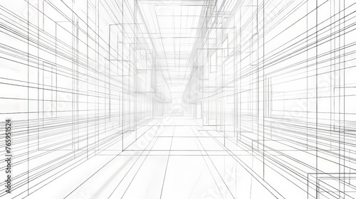 Fototapeta A technology wireframe landscape presented as a vector perspective grid, depicting a digital space on a white background, illustrating the structure and framework of digital environments